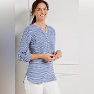 Talbots 100% Linen Popover Blue and White Striped Tunic